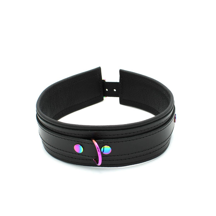 Kiotos - Premium Lederen Collar - Metalen Hardware in Unicorn Kleuren - Black/Rainbow (-Erotiekvoordeel.nl