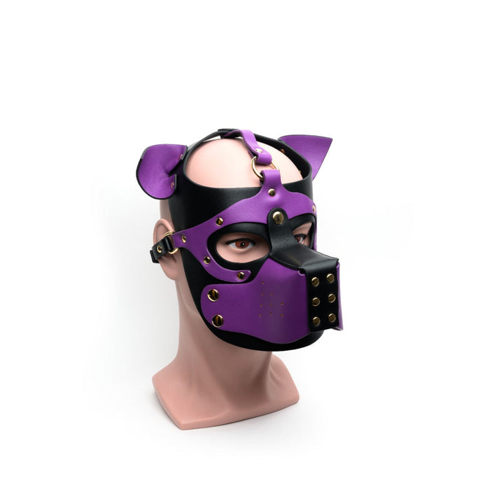 665 - Bondage Pup Hood Black Purple - Paars Zwarte Puppy Play Hood - Masker - PU Leer - One Size-Erotiekvoordeel.nl