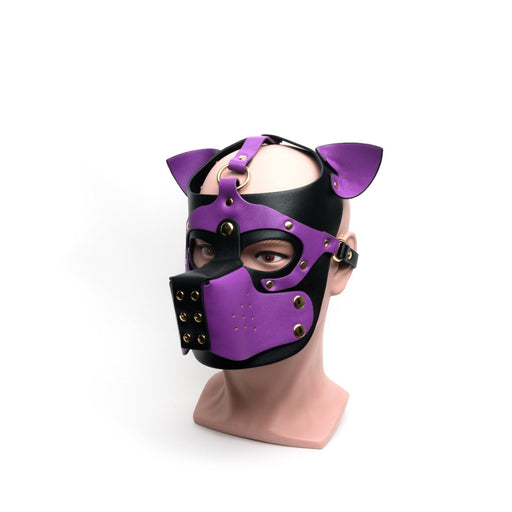 665 - Bondage Pup Hood Black Purple - Paars Zwarte Puppy Play Hood - Masker - PU Leer - One Size-Erotiekvoordeel.nl