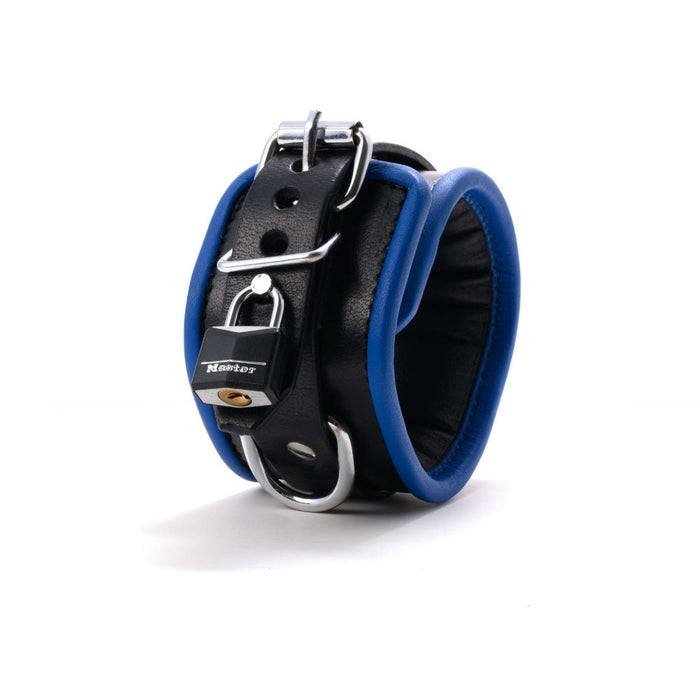 665 Leather - Leren Enkelboeien met D Ring - Blauw - Padded Locking Ankle Restraints Blue-Erotiekvoordeel.nl