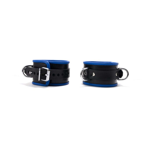 665 Leather - Leren Enkelboeien met D Ring - Blauw - Padded Locking Ankle Restraints Blue-Erotiekvoordeel.nl