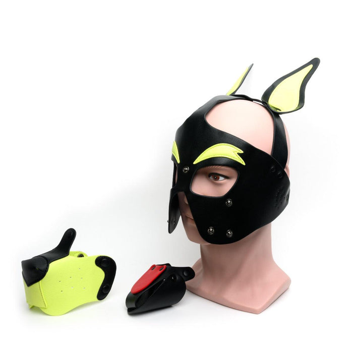 665 Leather - Masker - Playful Pup Hood - Zwart/Geel - One Size-Erotiekvoordeel.nl