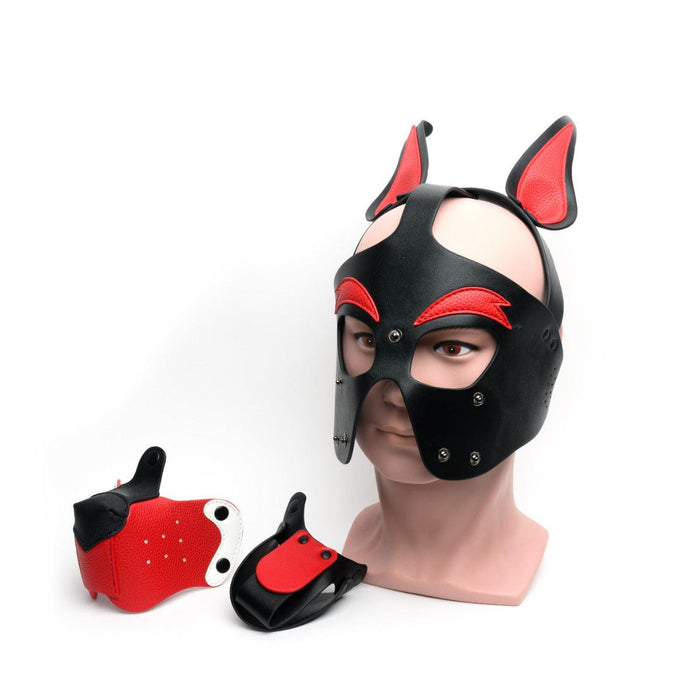 665 Leather - Masker - Playful Pup Hood - Zwart/Rood/Wit - One Size-Erotiekvoordeel.nl