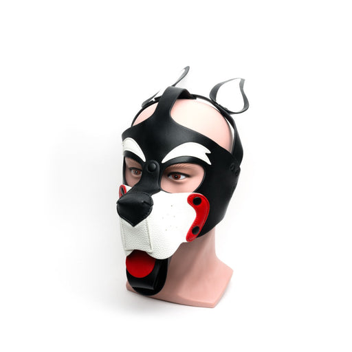 665 Leather - Puppy Hood van PU Leer - Masker - Playful Pup Hood - Zwart Wit Rood - One Size-Erotiekvoordeel.nl