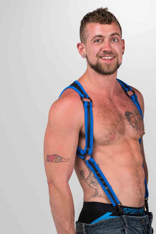 665 Neoprene - Riemenbody - Bretels - Zwart Blauw - Verkrijgbaar in 2 maten - Heckler Harness Black / Blue-Erotiekvoordeel.nl