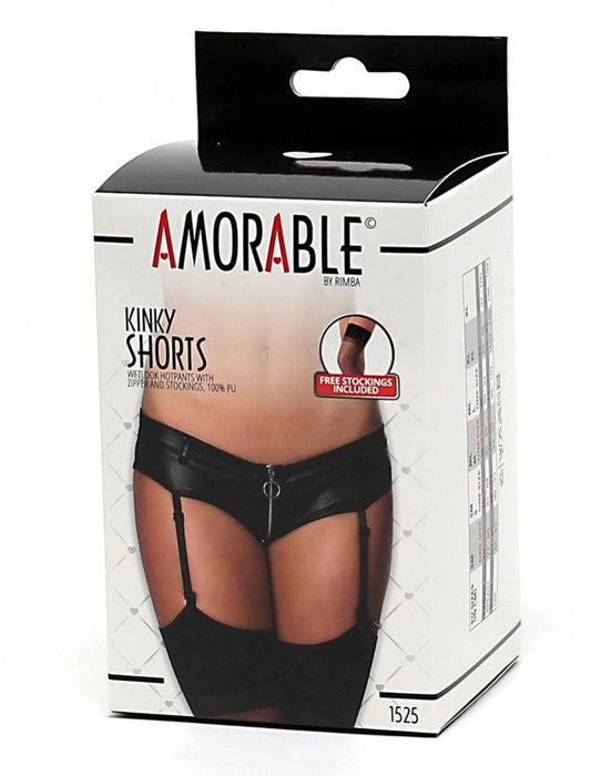 Amorable by Rimba - Erotische Slip - Wetlook Hotpants Met Rits In Kruis inclusief Jarretels En Kousen - One Size-Erotiekvoordeel.nl