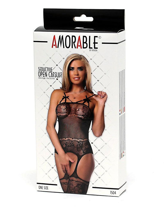 Amorable - Visnet Catsuit Met schouderbandjes En jarretelKousen - Zwart-Erotiekvoordeel.nl