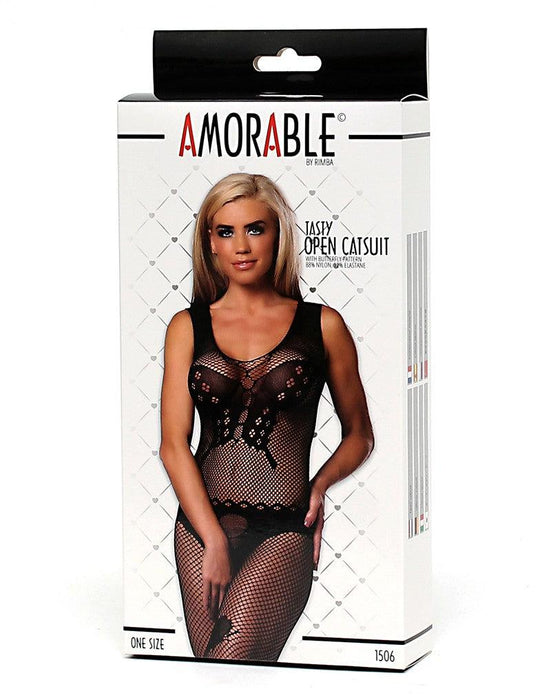 Amorable by Rimba - Visnet Catsuit Met vlinder patroon - Zwart-Erotiekvoordeel.nl