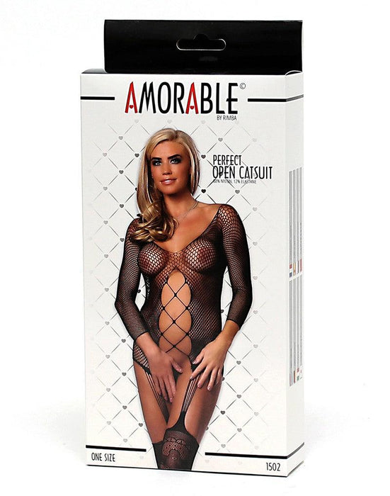 Amorable - Visnet Kanten Catsuit Met Jarretelkousen - Zwart-Erotiekvoordeel.nl