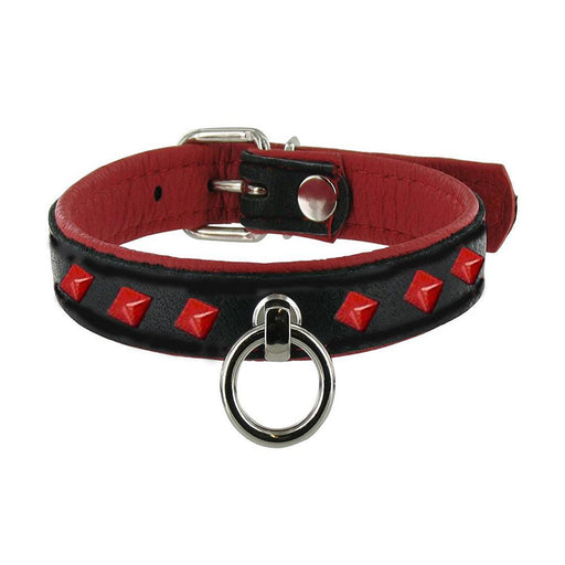 Black Label - Leren collar met Rode Studs - Zwart-Erotiekvoordeel.nl