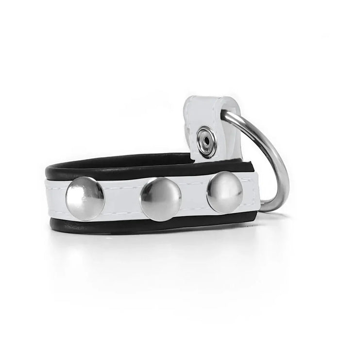 Black Label - Leren Cockstrap met Metalen Penisring - Zwart/Wit-Erotiekvoordeel.nl