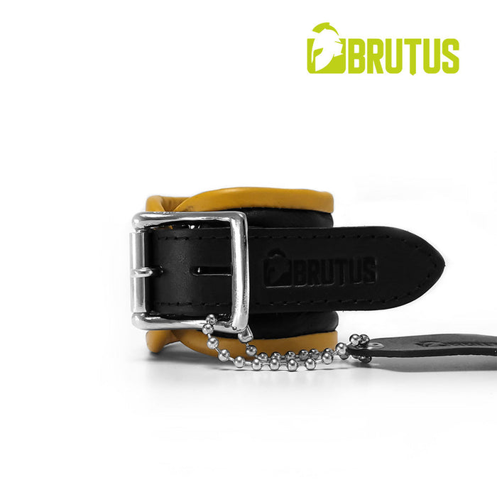 Brutus - Polsboeien - Leren Zwart Gele Handboeien - Afsluitbaar - Leather Wrist Restraints Black Yellow-Erotiekvoordeel.nl