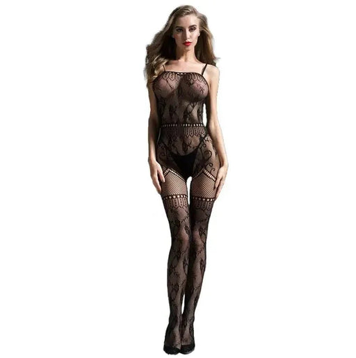 Cindylove - Bodystocking - Catsuit Fantasie Kant met Rechte Hals - One Size - Zwart-Erotiekvoordeel.nl