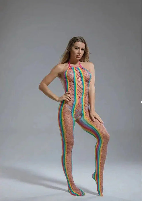 Cindylove - Bodystocking - Catsuit met Rijgveter Illusie - One size - Rainbow-Erotiekvoordeel.nl