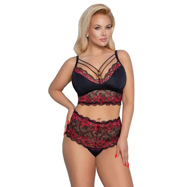 Cottelli - BH en Slip Set - Zwart & Rood - 4XL-Erotiekvoordeel.nl