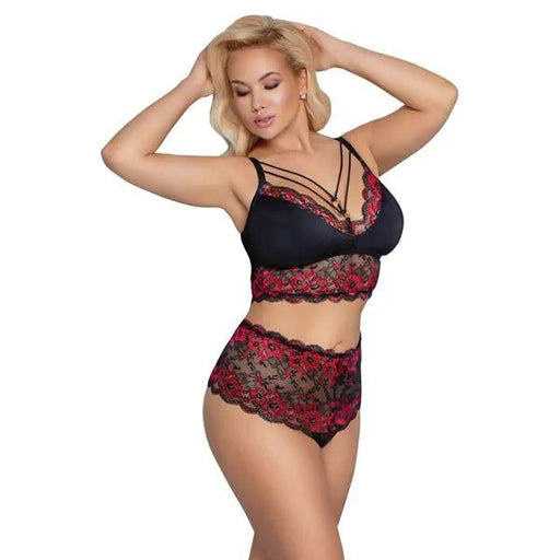 Cottelli - BH en Slip Set - Zwart & Rood - 3XL-Erotiekvoordeel.nl