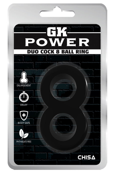 GK Power - Duo Cock 8 Ball - Dubbel Cock- en Scrotum Ring - Zwart-Erotiekvoordeel.nl