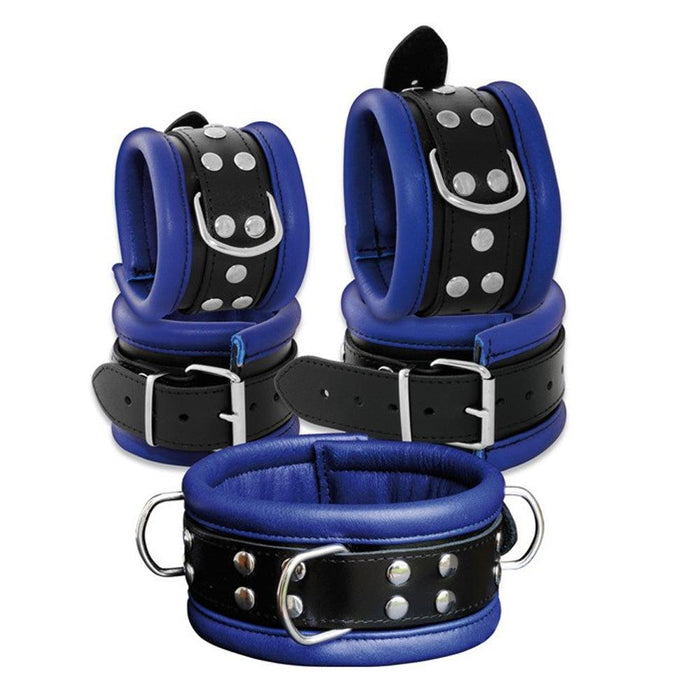 Kiotos Leather - Leren Collar 6.5 cm Gevoerd - Zwart/Blauw-Erotiekvoordeel.nl