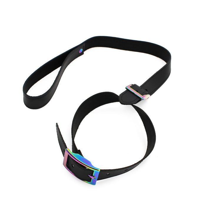 Kiotos Leather - Leren Collar Met Leiband Met Rainbow Gekleurde Metalen Gesp-Erotiekvoordeel.nl