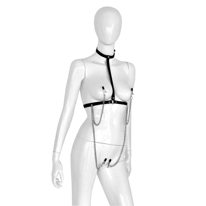 Kiotos - Lederen Collar Chest met 4 Clamps - Dé Ultieme Sensatie voor BDSM Liefhebbers!-Erotiekvoordeel.nl