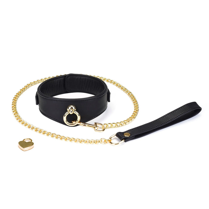 Liebe Seele - Dark Secret - Exclusieve Curved Collar Met Leiband En Gouden Hardware - Zwart/Goud-Erotiekvoordeel.nl