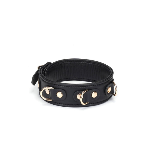 Liebe Seele - Dark Secret - Exclusieve Lederen Collar Met Leiband- Goud Metalen Hardware - Zwart/Goud-Erotiekvoordeel.nl