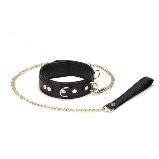 Liebe Seele - Dark Secret - Exclusieve Lederen Collar Met Leiband- Goud Metalen Hardware - Zwart/Goud-Erotiekvoordeel.nl