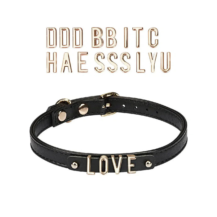 Liebe Seele - Lederen DIY Collar Met Verwisselbare Gouden Letters - Zwart-Erotiekvoordeel.nl