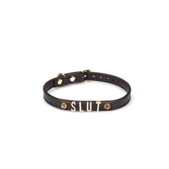 Liebe Seele - Smalle Collar Met Gouden Letters en Sierkristallen - Slut - Italiaans Kwaliteitsleder - Zwart-Erotiekvoordeel.nl