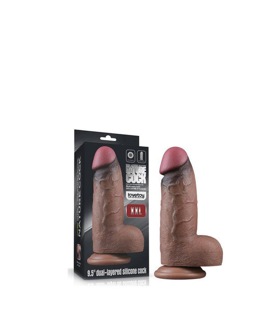 LoveToy - Dildo - Dubbellaagse Siliconen Dildo XXL - Lengte 24.6 cm - Diameter 7 cm - Bruin-Erotiekvoordeel.nl