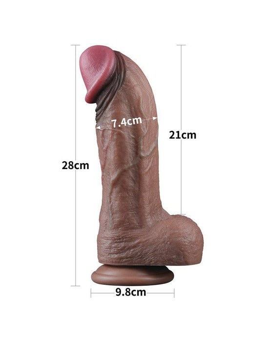 LoveToy - Dildo - Dubbellaagse Siliconen Dildo XXL - Lengte 28 cm - Diameter 7.4 cm - Bruin-Erotiekvoordeel.nl