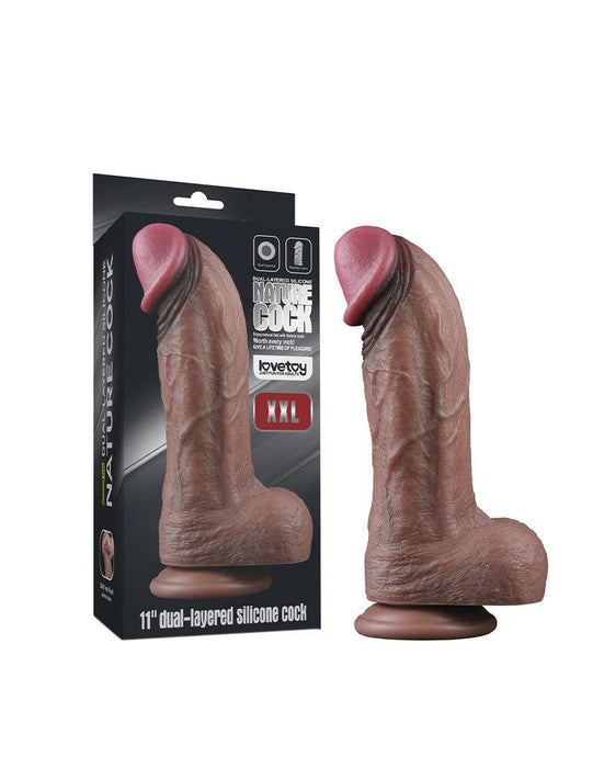 LoveToy - Dildo - Dubbellaagse Siliconen Dildo XXL - Lengte 28 cm - Diameter 7.4 cm - Bruin-Erotiekvoordeel.nl