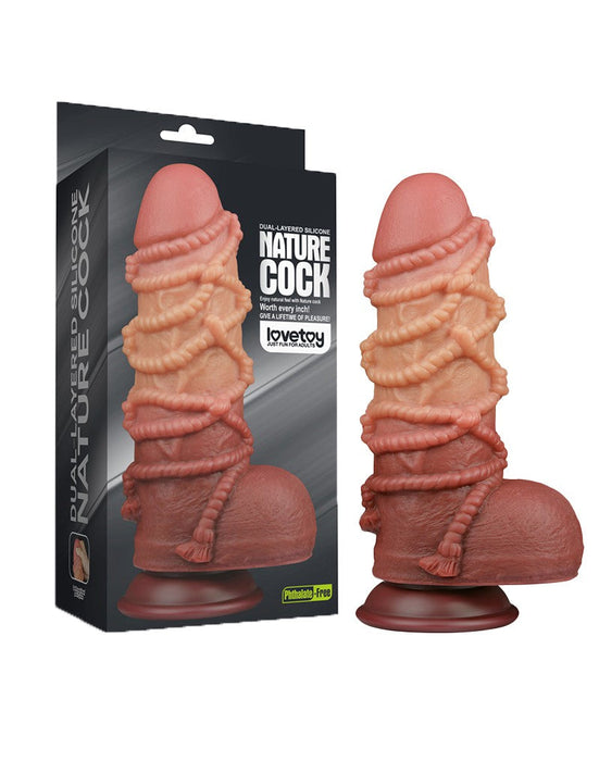 LoveToy - XXL Extreme Dildo met Touw Motief - Lengte 24,5 cm - Bruin/Lichte Huidskleur-Erotiekvoordeel.nl