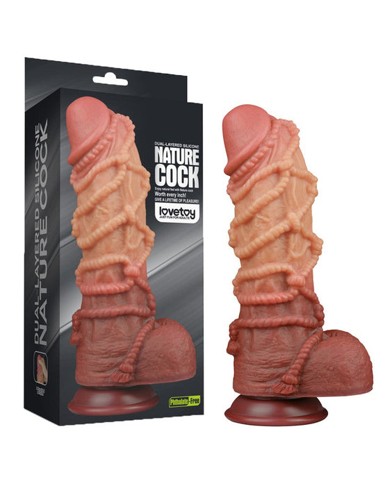 LoveToy - XXL Extreme Dildo met Touw Motief - Lengte 26.5 cm - Bruin/Lichte Huidskleur-Erotiekvoordeel.nl