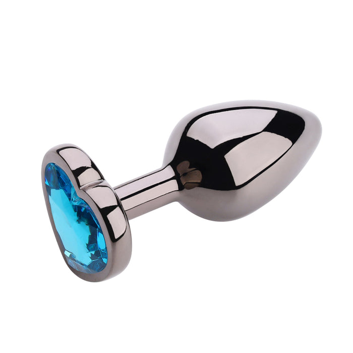 PLGZ - Hartvormige Metalen Buttplug - Zwart Metallic - Blauwe Siersteen - Verkrijgbaar in 3 maten-Erotiekvoordeel.nl