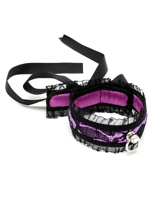 Rimba Bondage Play - Halsband - Burlesque Collar Met O-Ring - Zwart/Paars-Erotiekvoordeel.nl