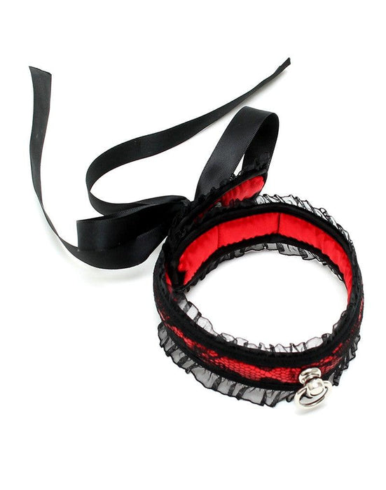 Rimba - Halsband - Burlesque Collar Met O-Ring - Zwart/Rood-Erotiekvoordeel.nl