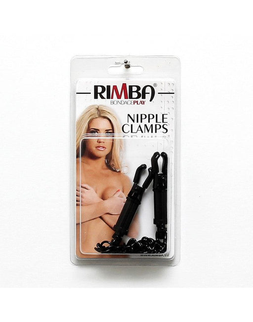 Rimba Bondage Play - Zwarte verstelbare Tepelklemmen Met Ketting En beschermhoesjes-Erotiekvoordeel.nl