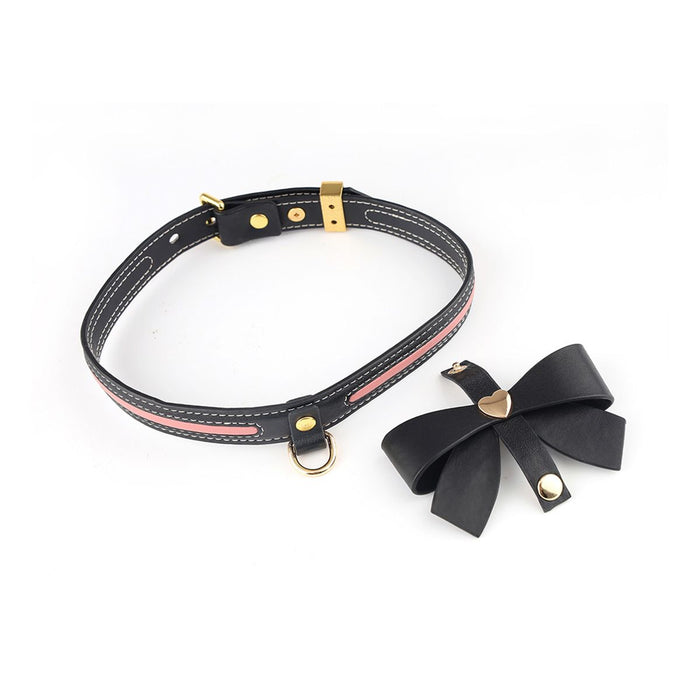 Sevanda - Love Heart Butterfly - Vegan Lederen Collar met Leiband - Zwart/ Roze-Erotiekvoordeel.nl