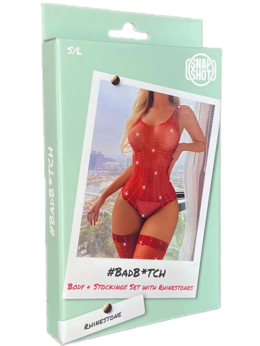 Snapshot - #badb*tch - Body & Kousen met Strass Steentjes - One Size - Rood-Erotiekvoordeel.nl