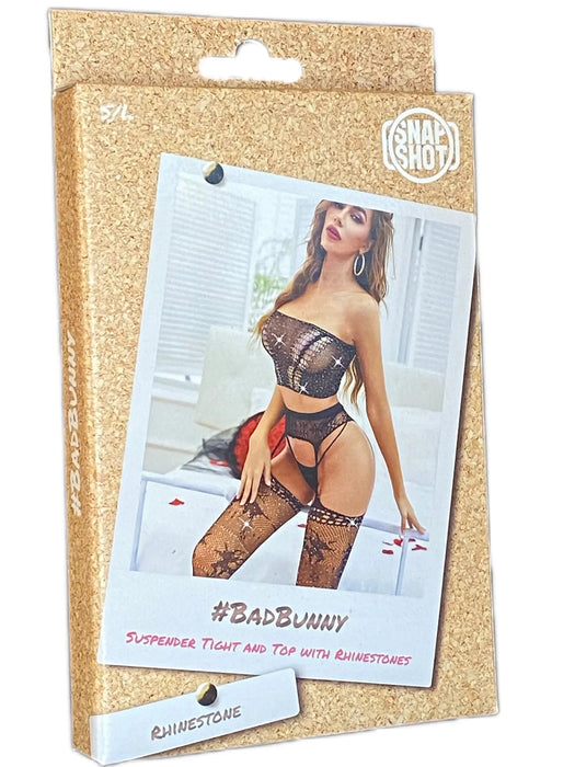 Snapshot - #badbunny - Jarretel Panty en Top Set met Strass steentjes - One Size - Zwart-Erotiekvoordeel.nl