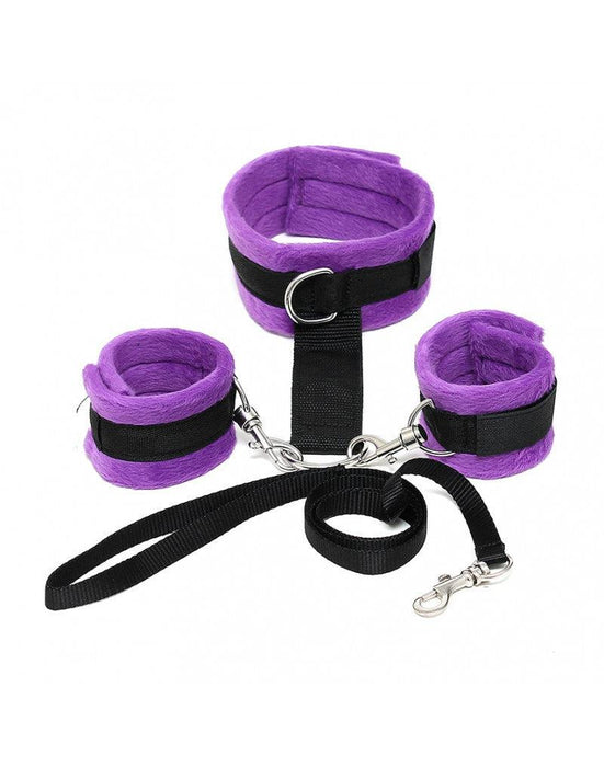 Soft Bondage Collar Met handboeien En leiband - Zwart/Paars-Erotiekvoordeel.nl