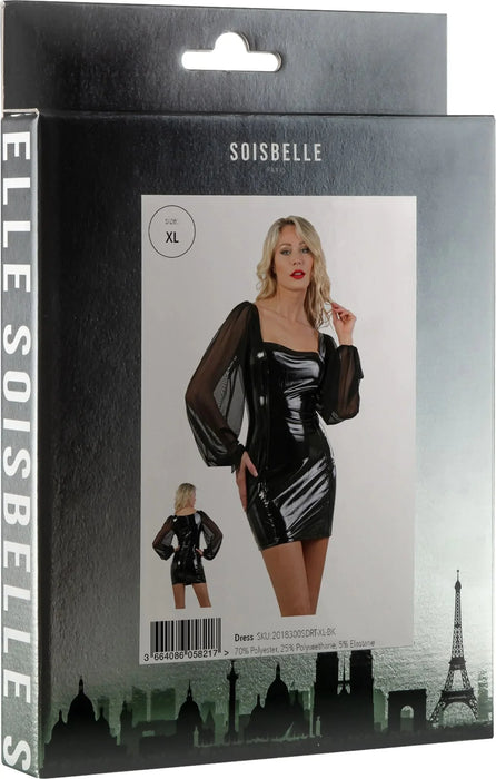 Soisbelle Paris - Lakje Jurk met Transparante Pofmouwen - Maat XL - Zwart-Erotiekvoordeel.nl