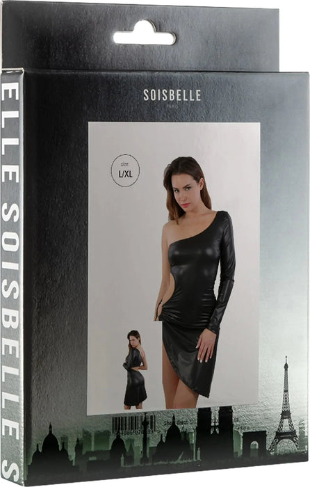 Soisbelle Paris - Offshoulder Wetlook Jurk - Maat L/XL - Zwart-Erotiekvoordeel.nl