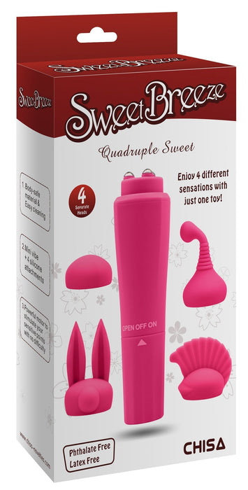 Sweet Breeze - Quadruple Sweet - Pocket Rocket Mini Vibrator - Vier Opzetstukjes - Roze-Erotiekvoordeel.nl