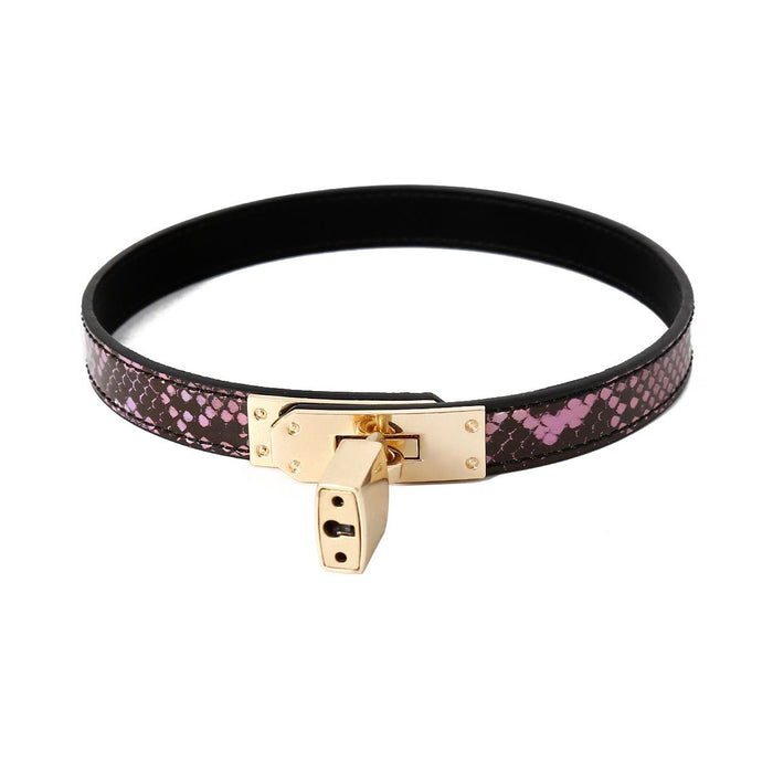 Kiotos Leather - Smalle Collar Met Reptielenprint - Goud/Roze-Erotiekvoordeel.nl