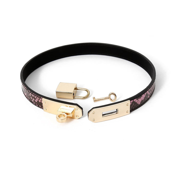 Kiotos Leather - Smalle Collar Met Reptielenprint - Goud/Roze-Erotiekvoordeel.nl