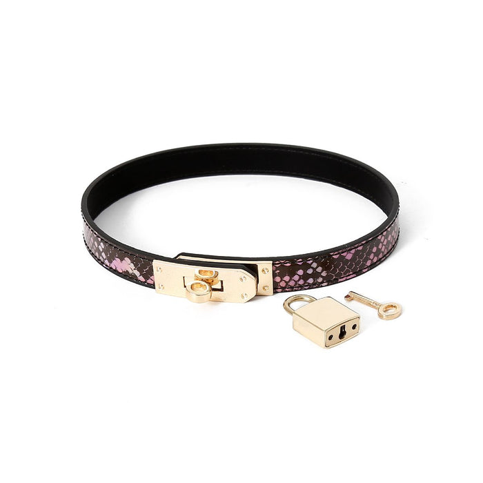 Kiotos Leather - Smalle Collar Met Reptielenprint - Goud/Roze-Erotiekvoordeel.nl