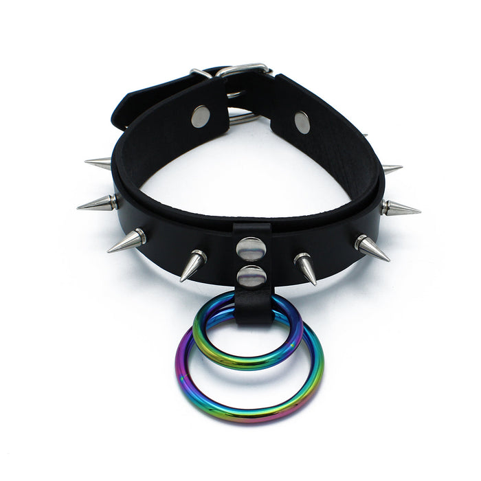 Kiotos - Zwarte Lederen Spiked Collar met Dubbele Rainbow O-Ring-Erotiekvoordeel.nl