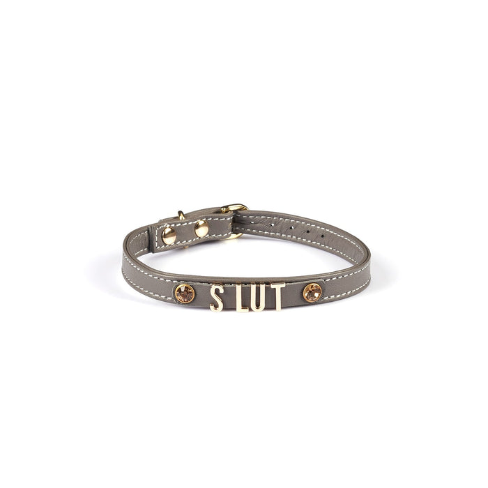 Liebe Seele - Smalle Collar Met Gouden Letters - Slut - Italiaans Kwaliteitsleder - Grijs-Erotiekvoordeel.nl